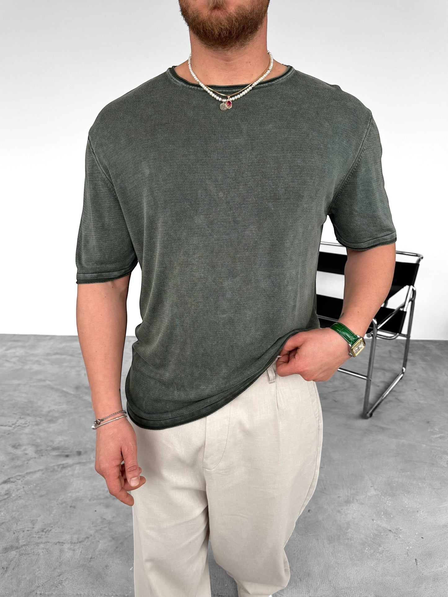 OVERSIZED WASHED KNIT T-SHIRT • KHAKI