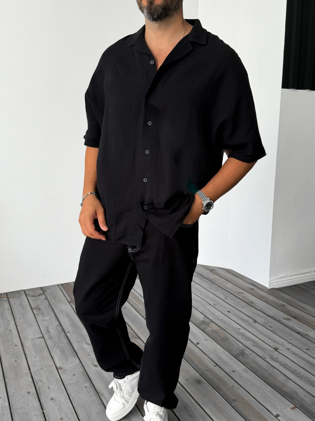 Black Batwing Sleeve Oversize Shirt