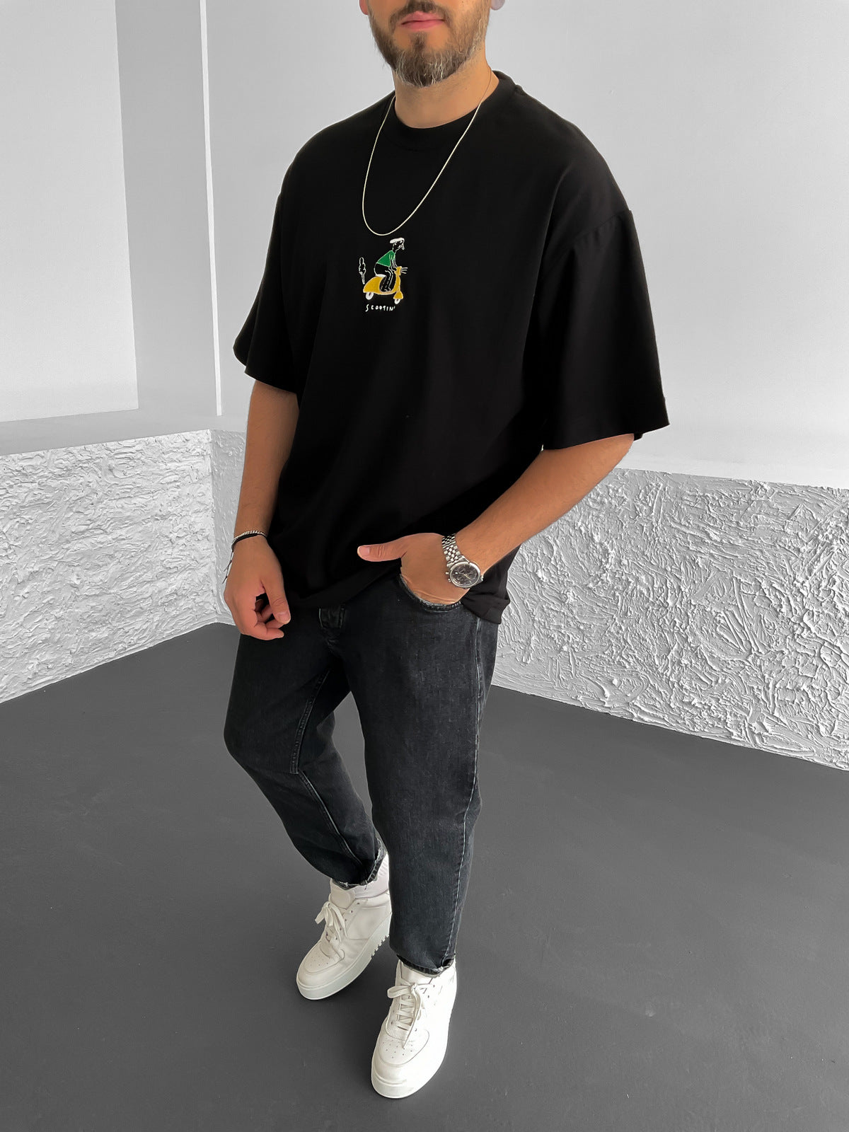 Black Scootin Embroidered Oversize T-Shirt