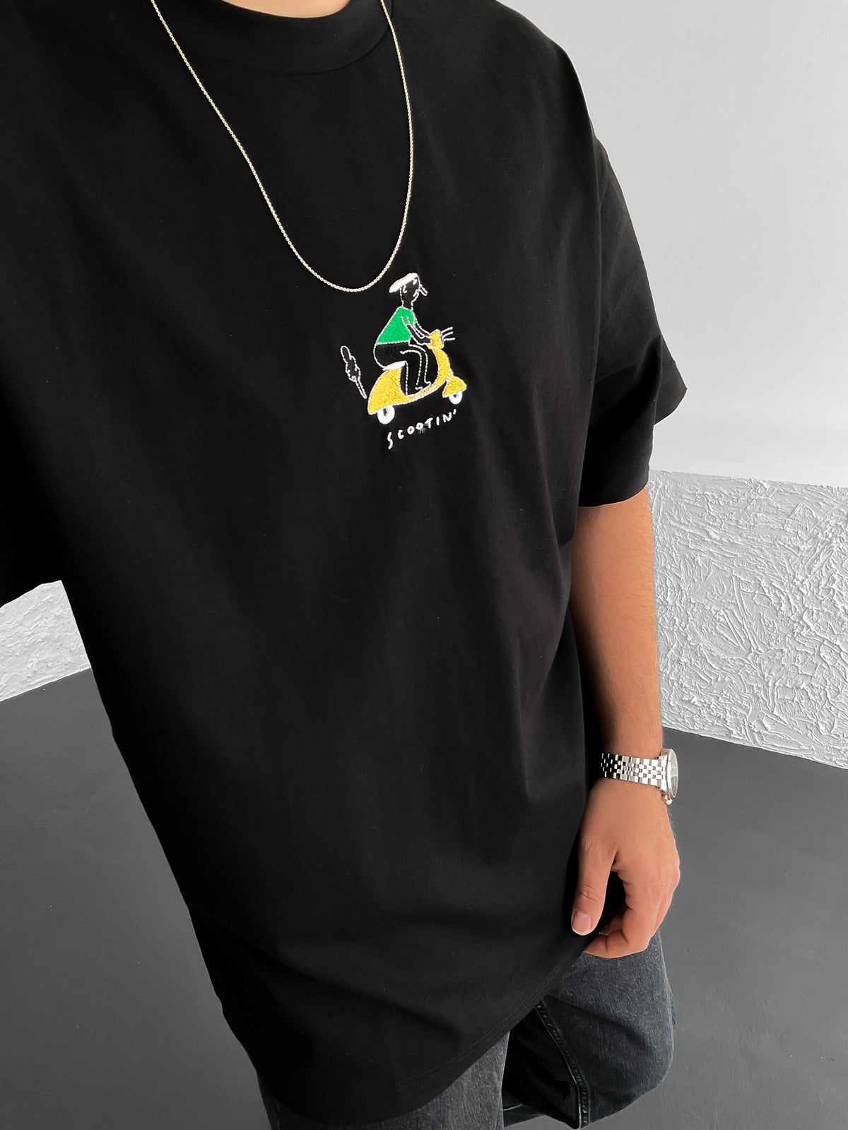 Black Scootin Embroidered Oversize T-Shirt