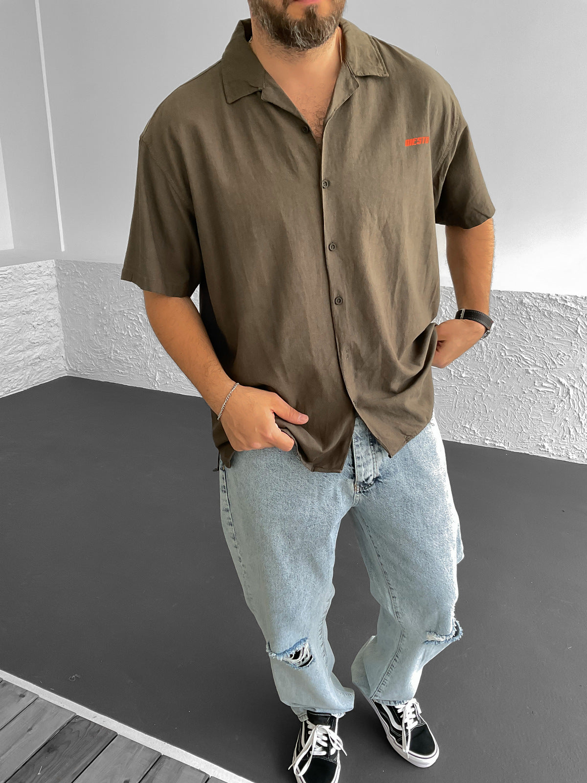 Khaki Colored Rose Printed Shirt