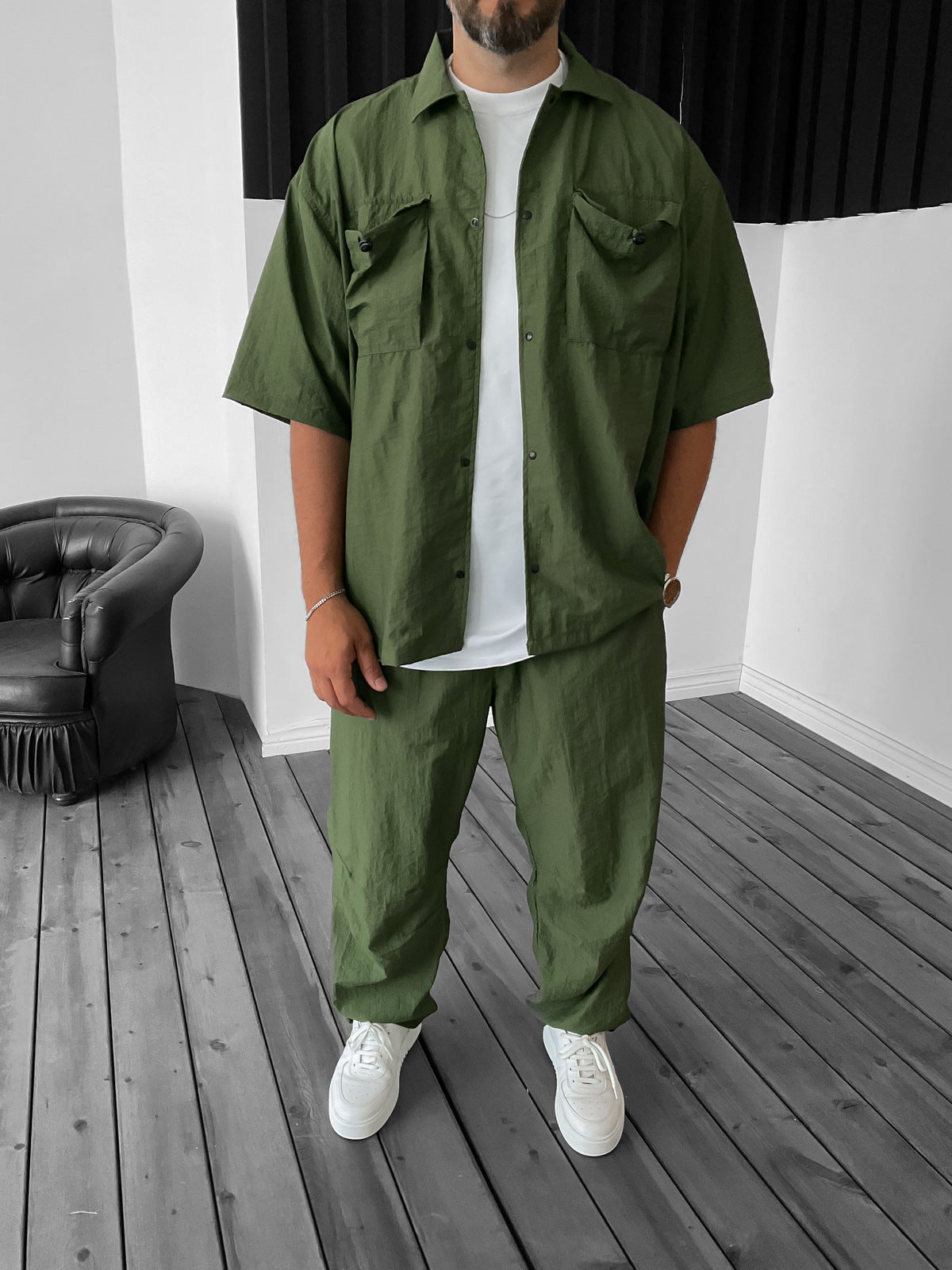 Khaki Pocket Pleated Parachute Shirt