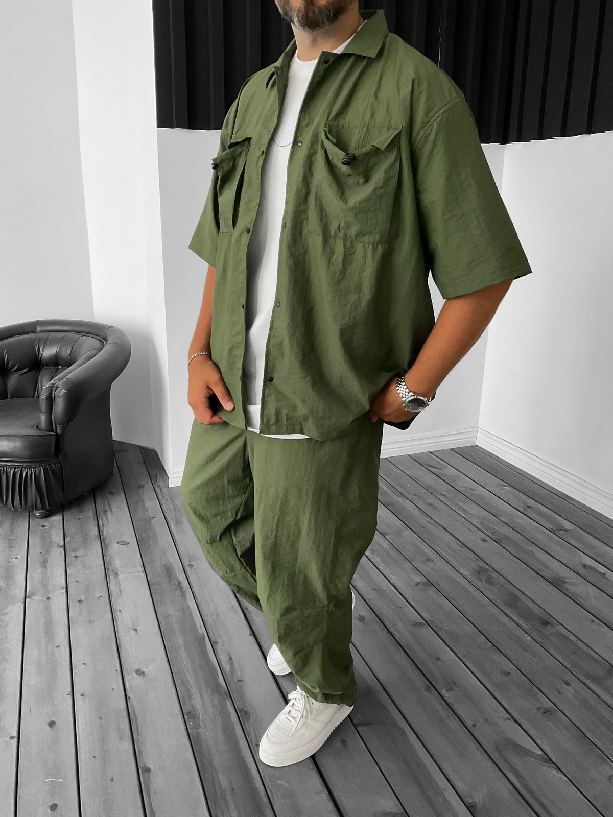 Khaki Pocket Pleated Parachute Shirt