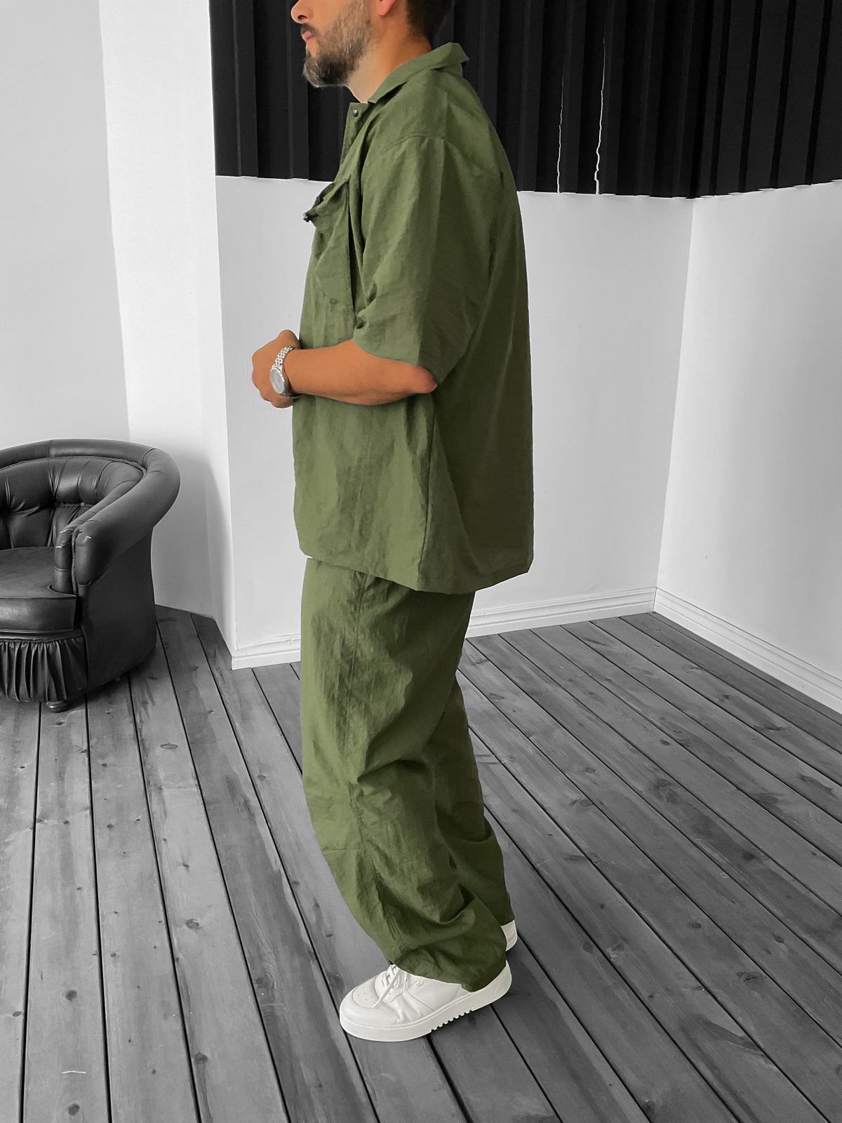 Khaki Pocket Pleated Parachute Shirt