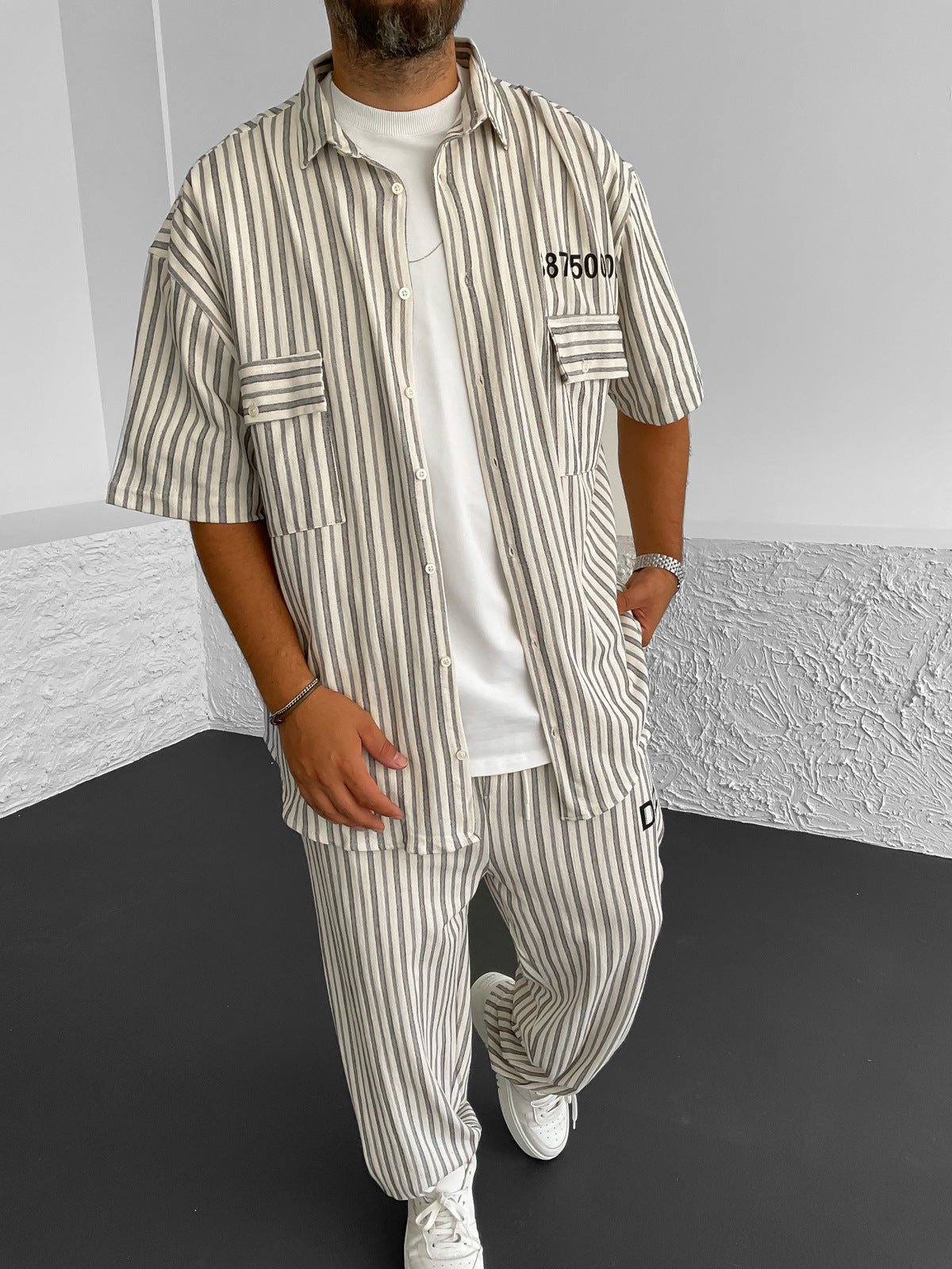 Ecru Printed Oversized Linen Set