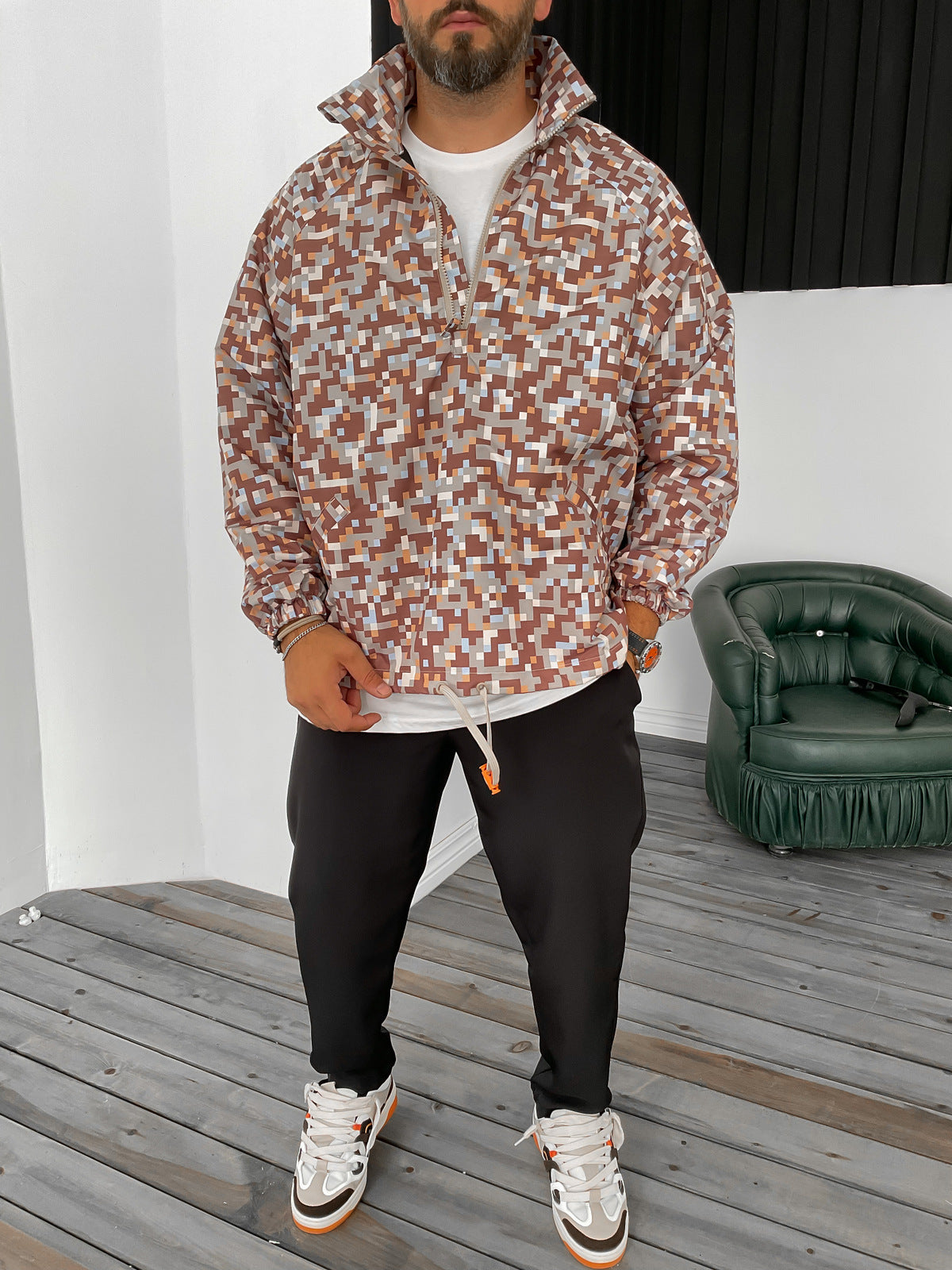 Brown Pixel Patterned Sweater
