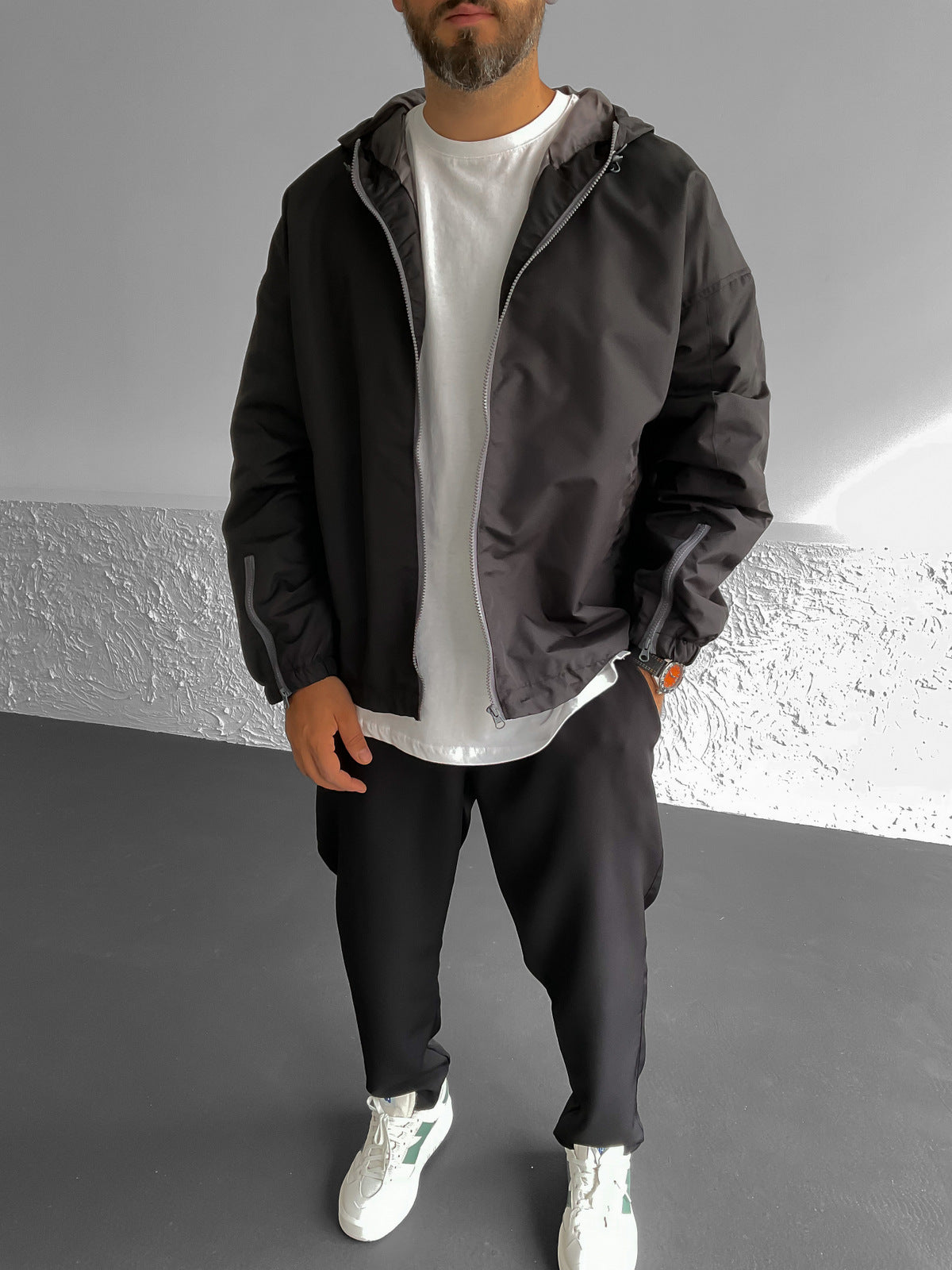 Black Hooded Zippered Basic Jacket