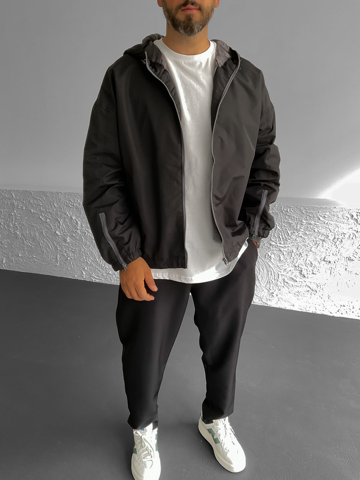 Black Hooded Zippered Basic Jacket