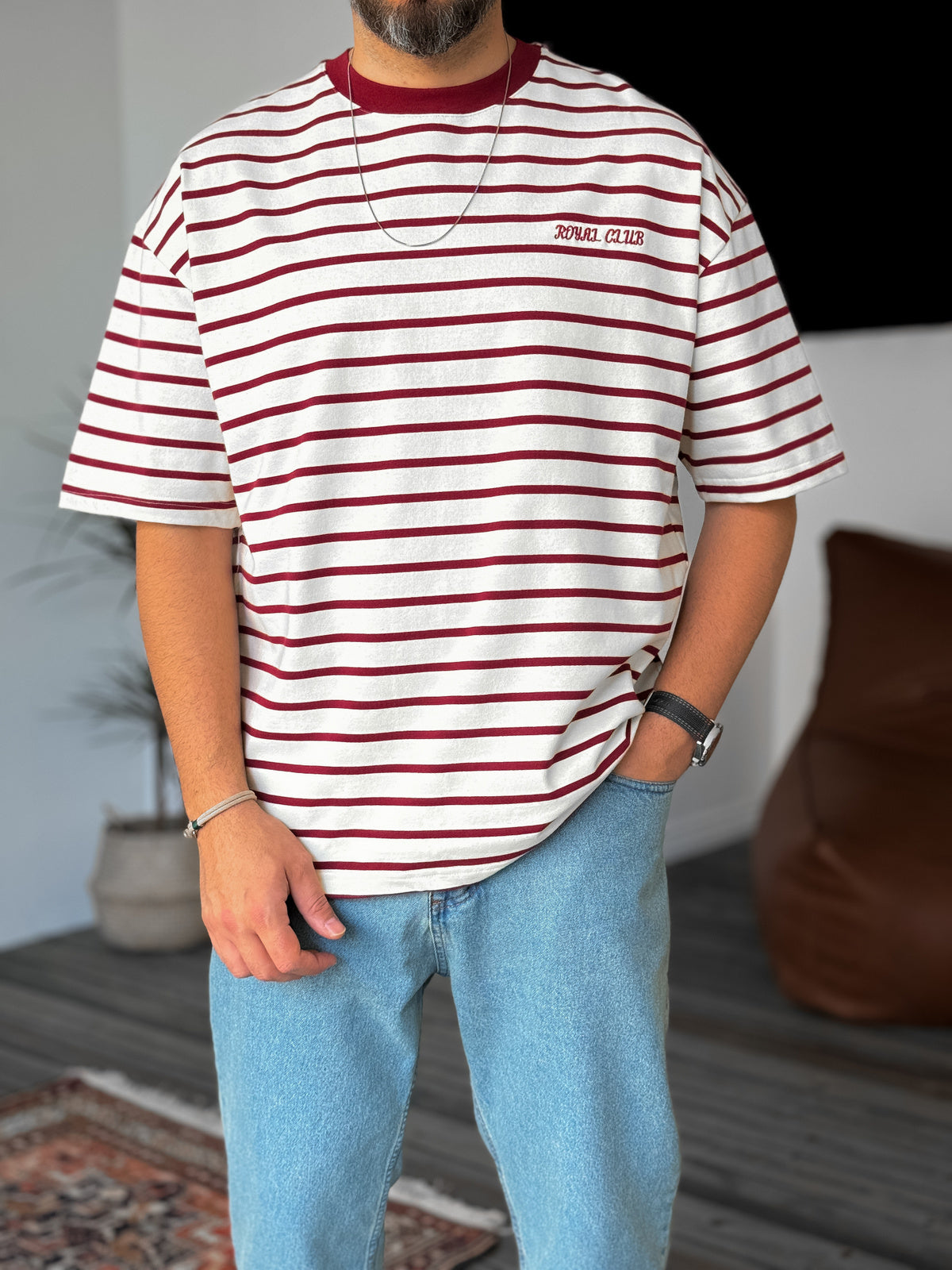 Claret Red Striped Royal Embroidered Oversize T-Shirt