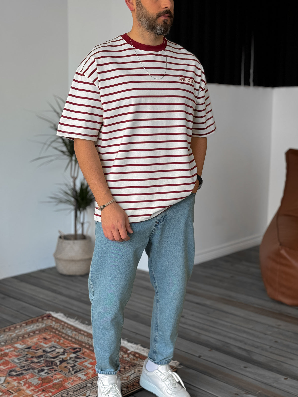 Claret Red Striped Royal Embroidered Oversize T-Shirt