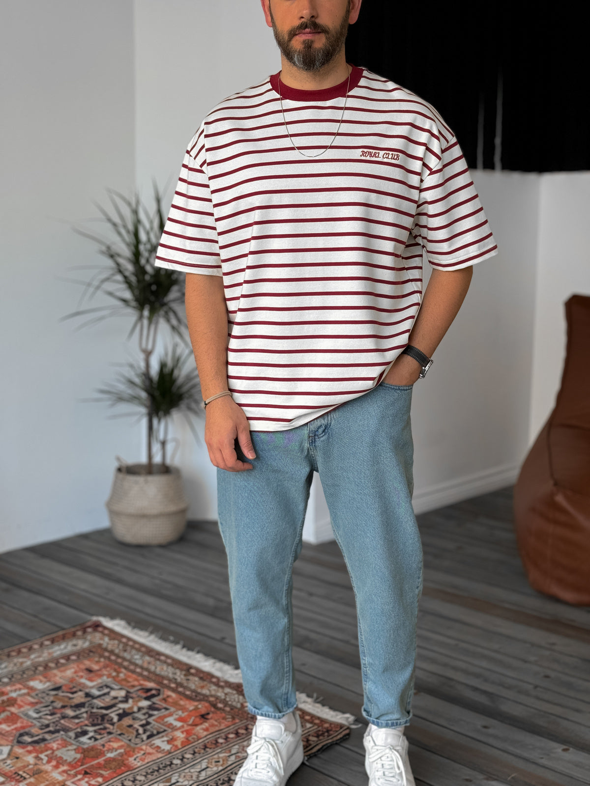 Claret Red Striped Royal Embroidered Oversize T-Shirt