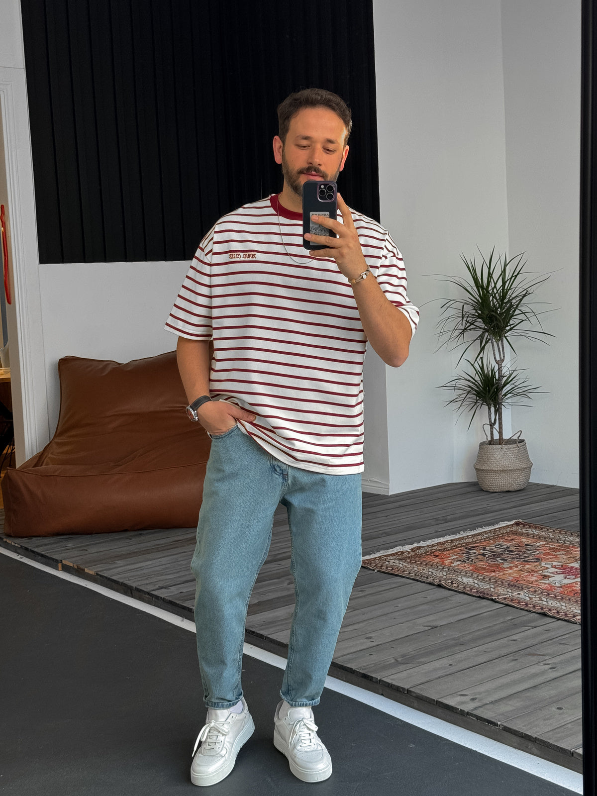 Claret Red Striped Royal Embroidered Oversize T-Shirt