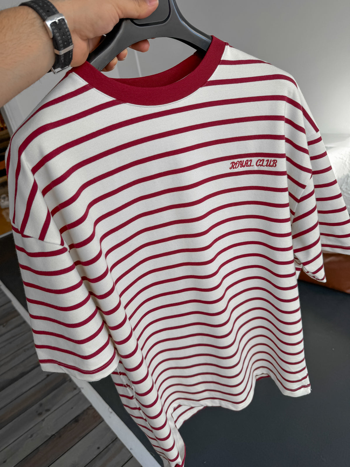 Claret Red Striped Royal Embroidered Oversize T-Shirt