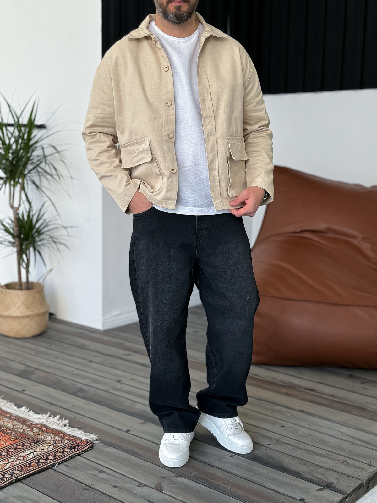 Beige Box Fit Denim Jacket