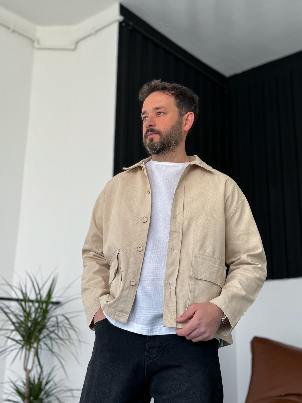 Beige Box Fit Denim Jacket