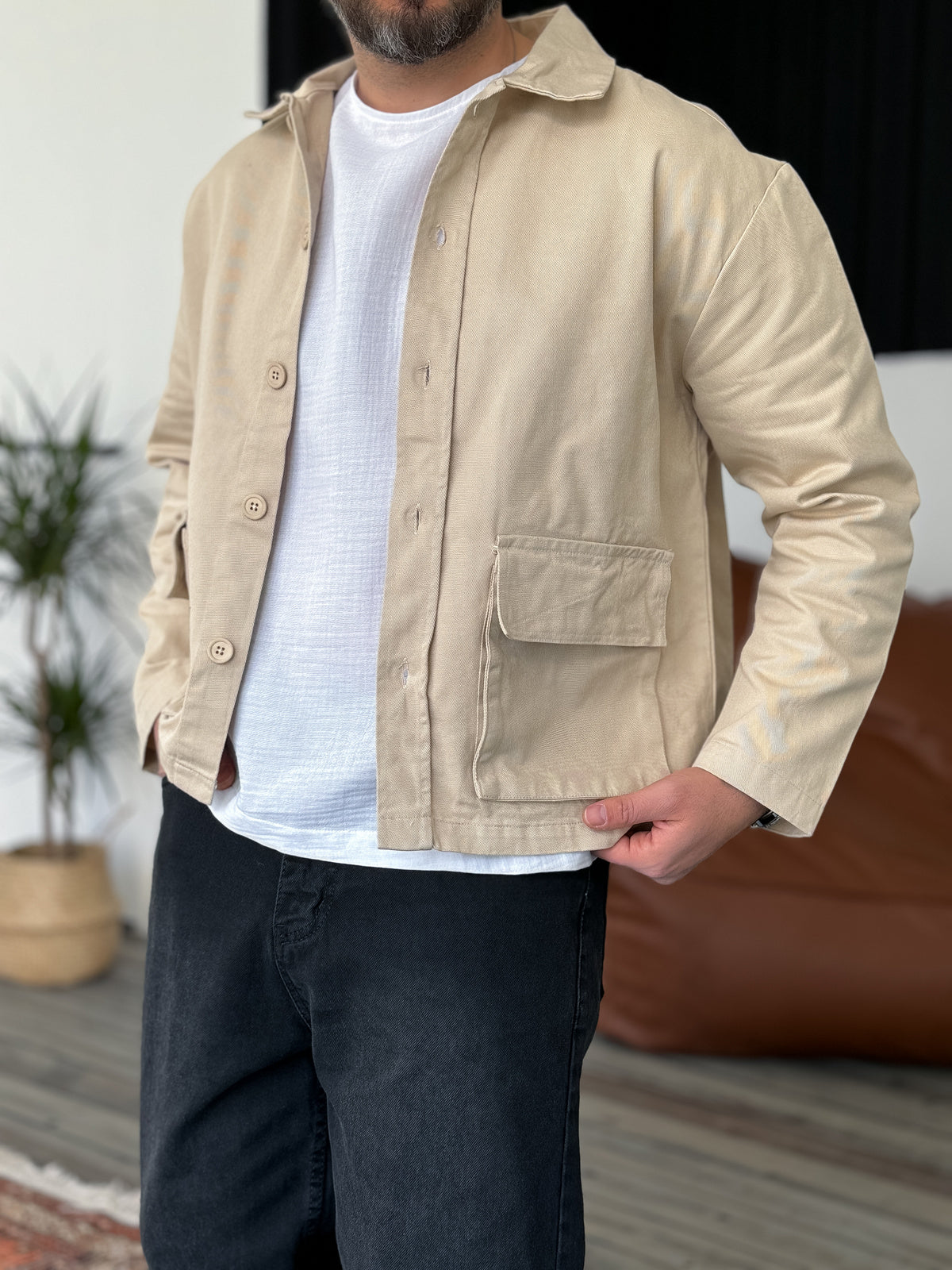 Beige Box Fit Denim Jacket