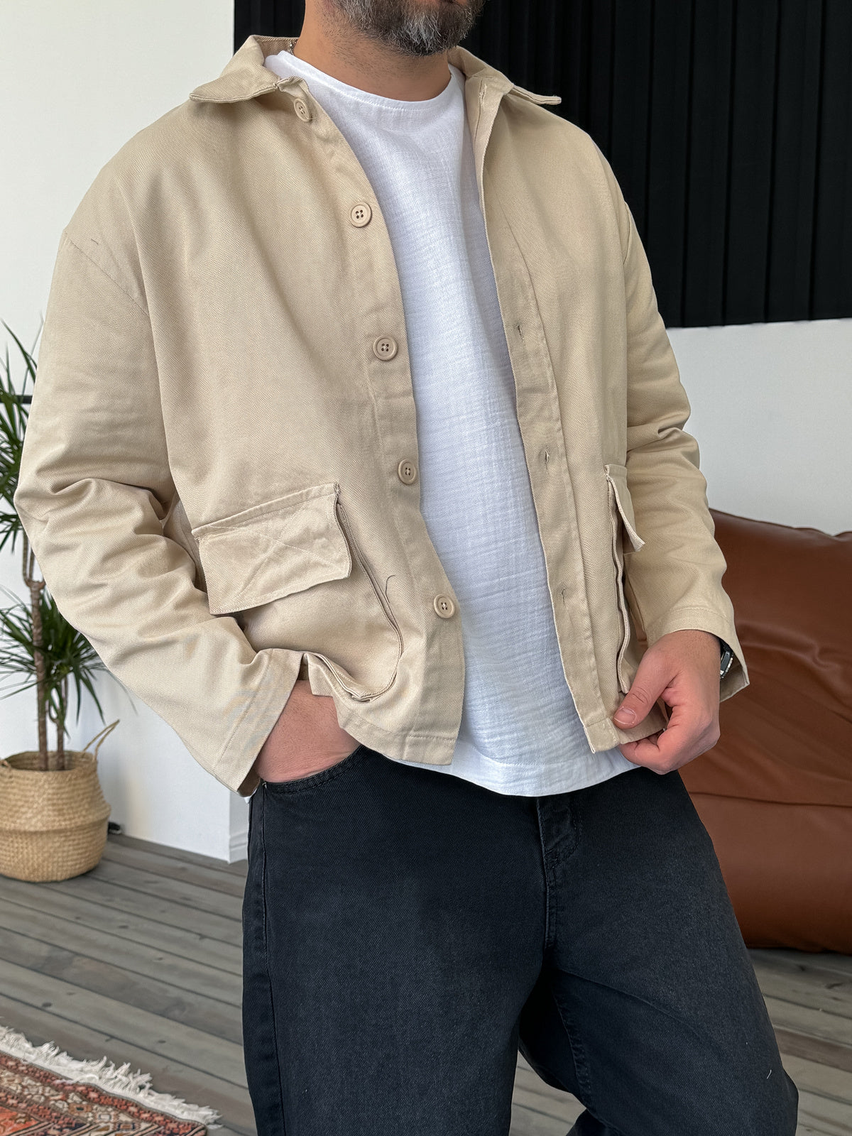 Beige Box Fit Denim Jacket