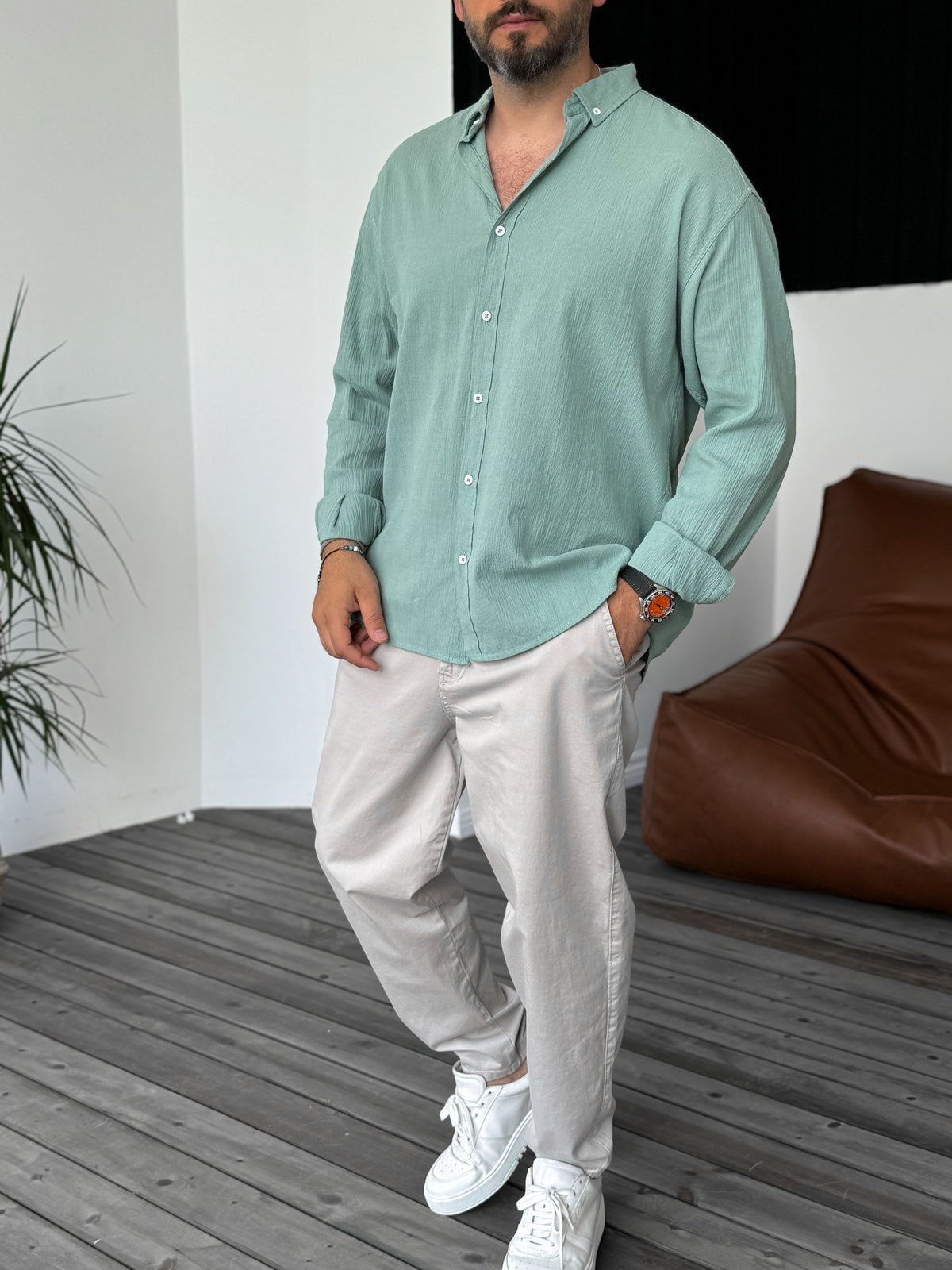 Mint Green Long Sleeve Crinkle Shirt