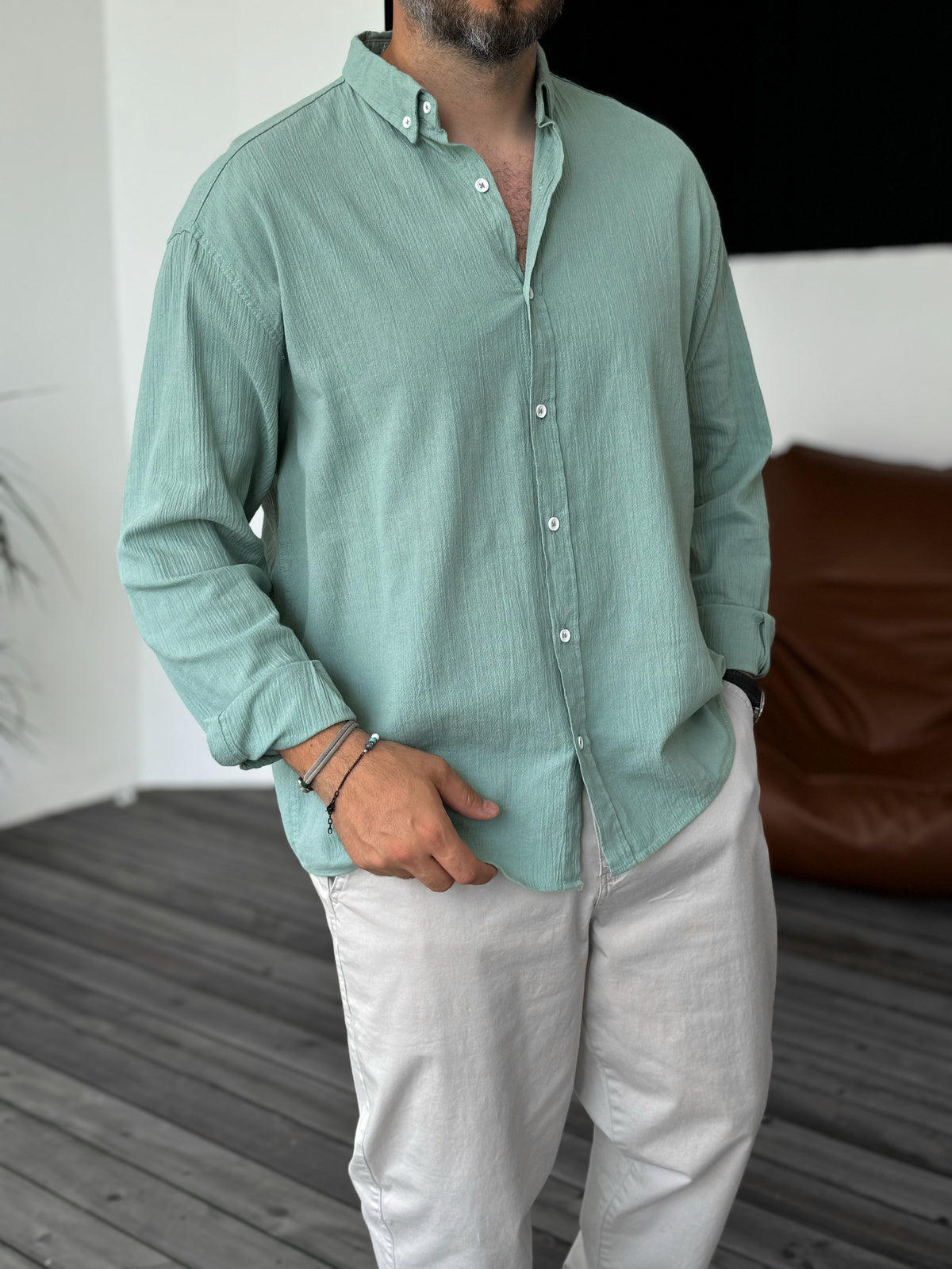 Mint Green Long Sleeve Crinkle Shirt
