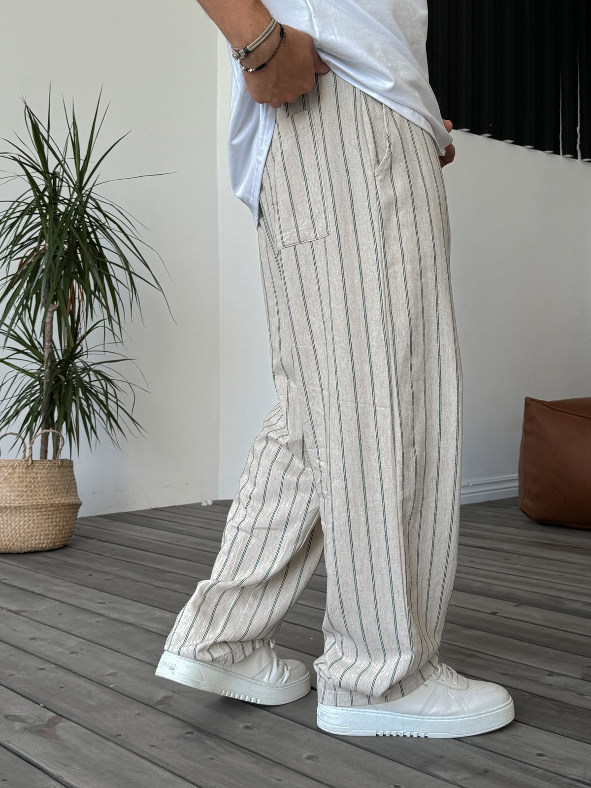 Beige Striped Straw Rope Detailed Trousers