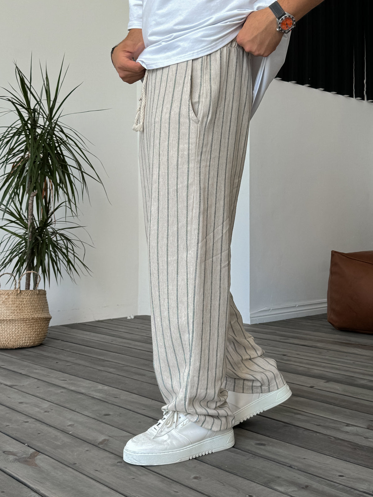 Beige Striped Straw Rope Detailed Trousers