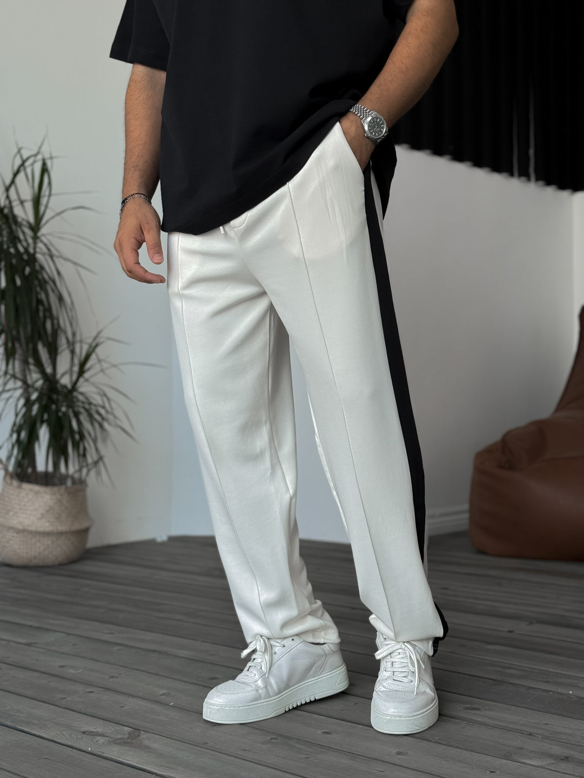 Ecru Striped Stitched Tracksuit