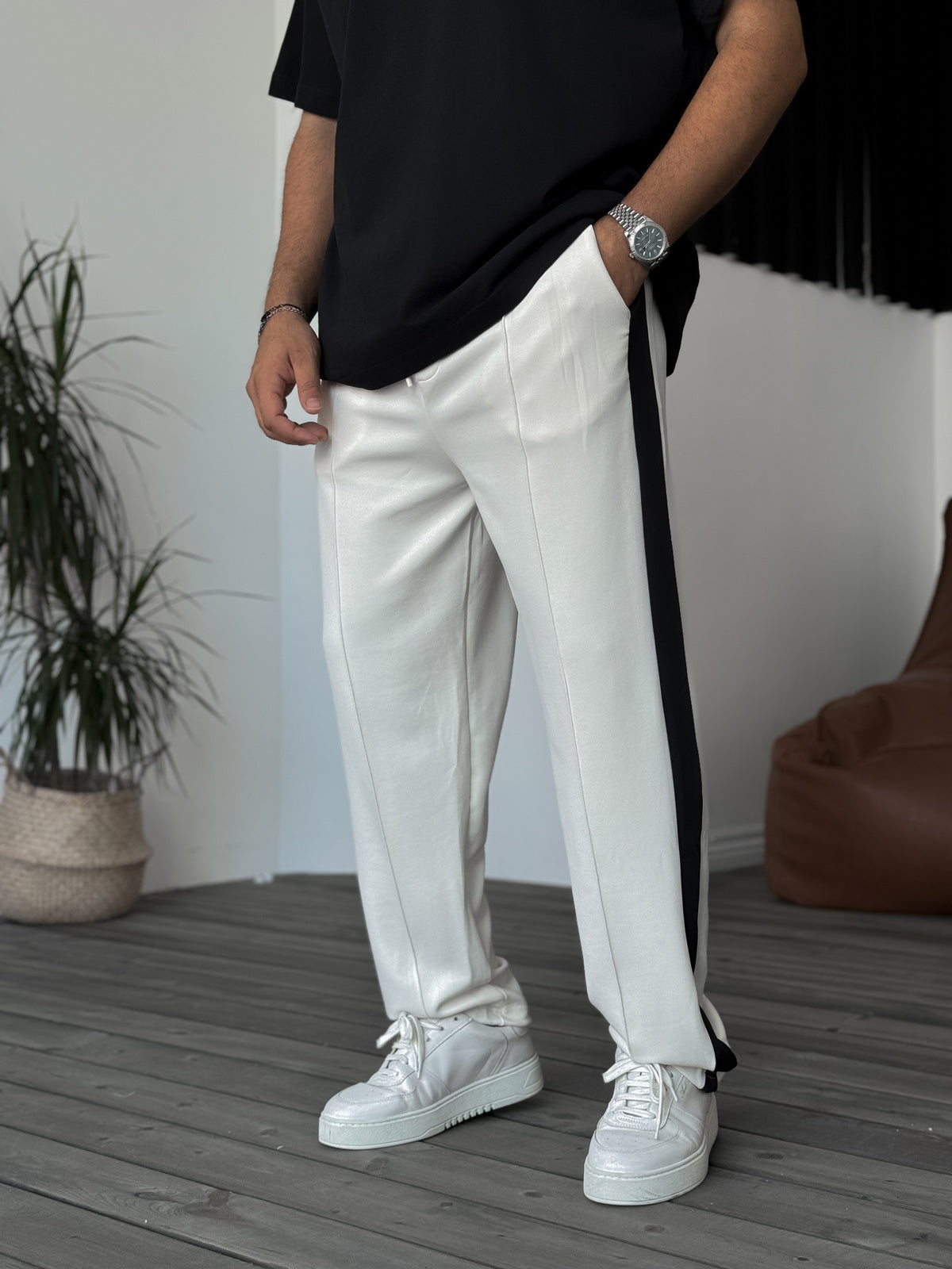 Ecru Striped Stitched Tracksuit