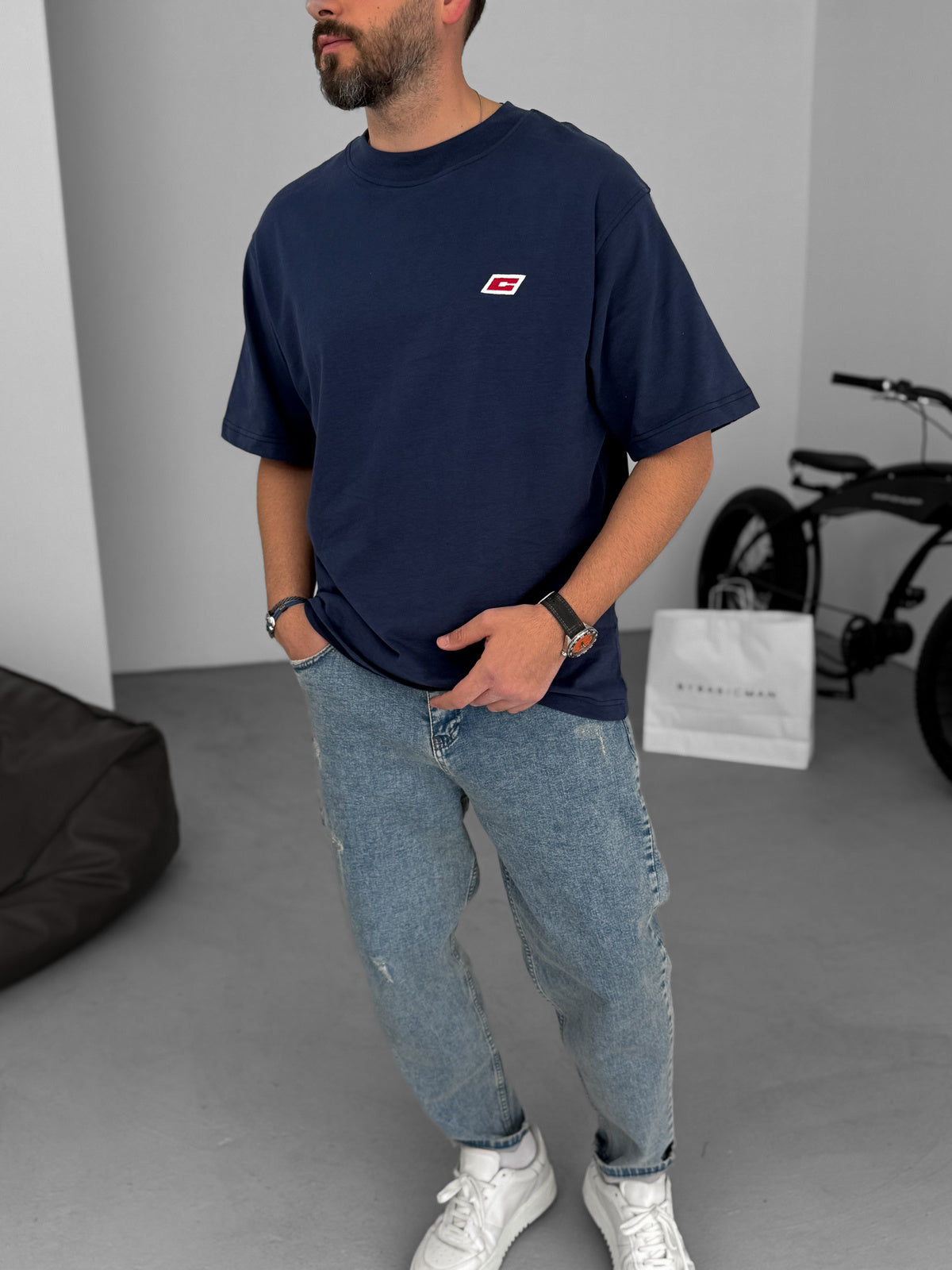 Navy Blue C Embroidered Oversize T-Shirt