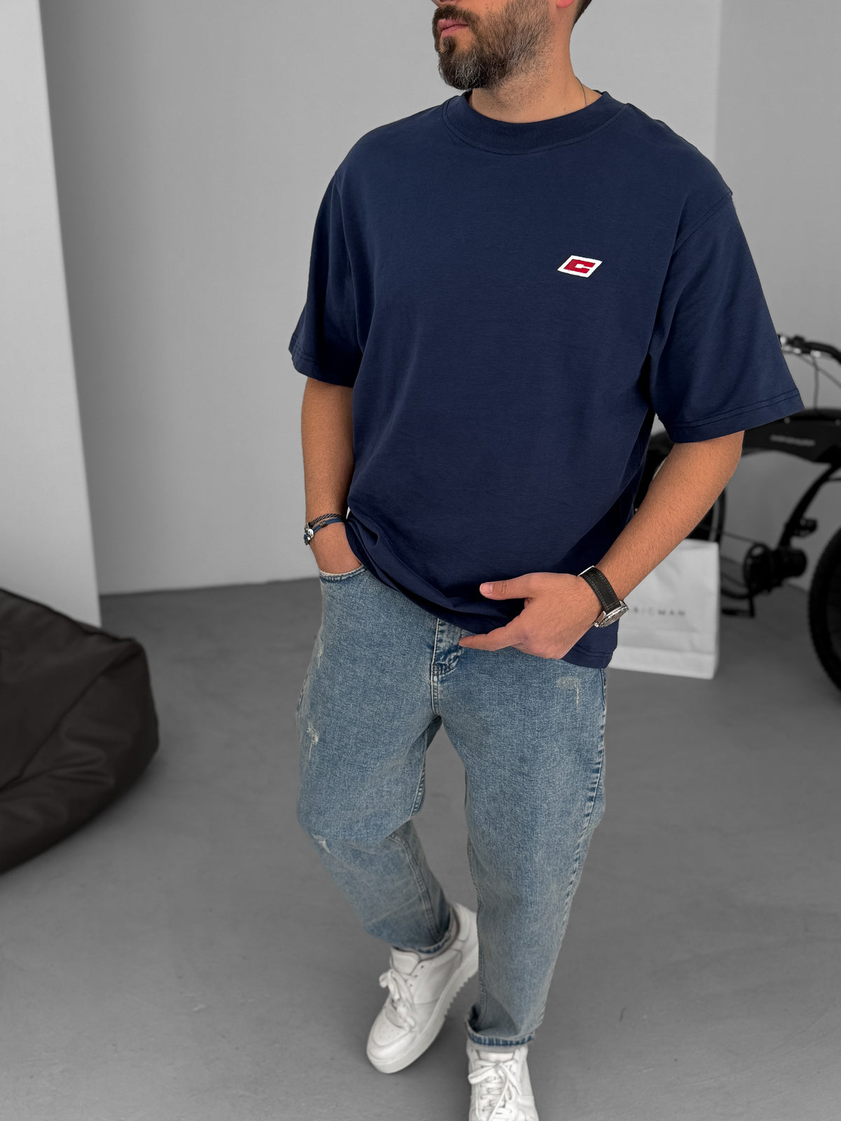 Navy Blue C Embroidered Oversize T-Shirt