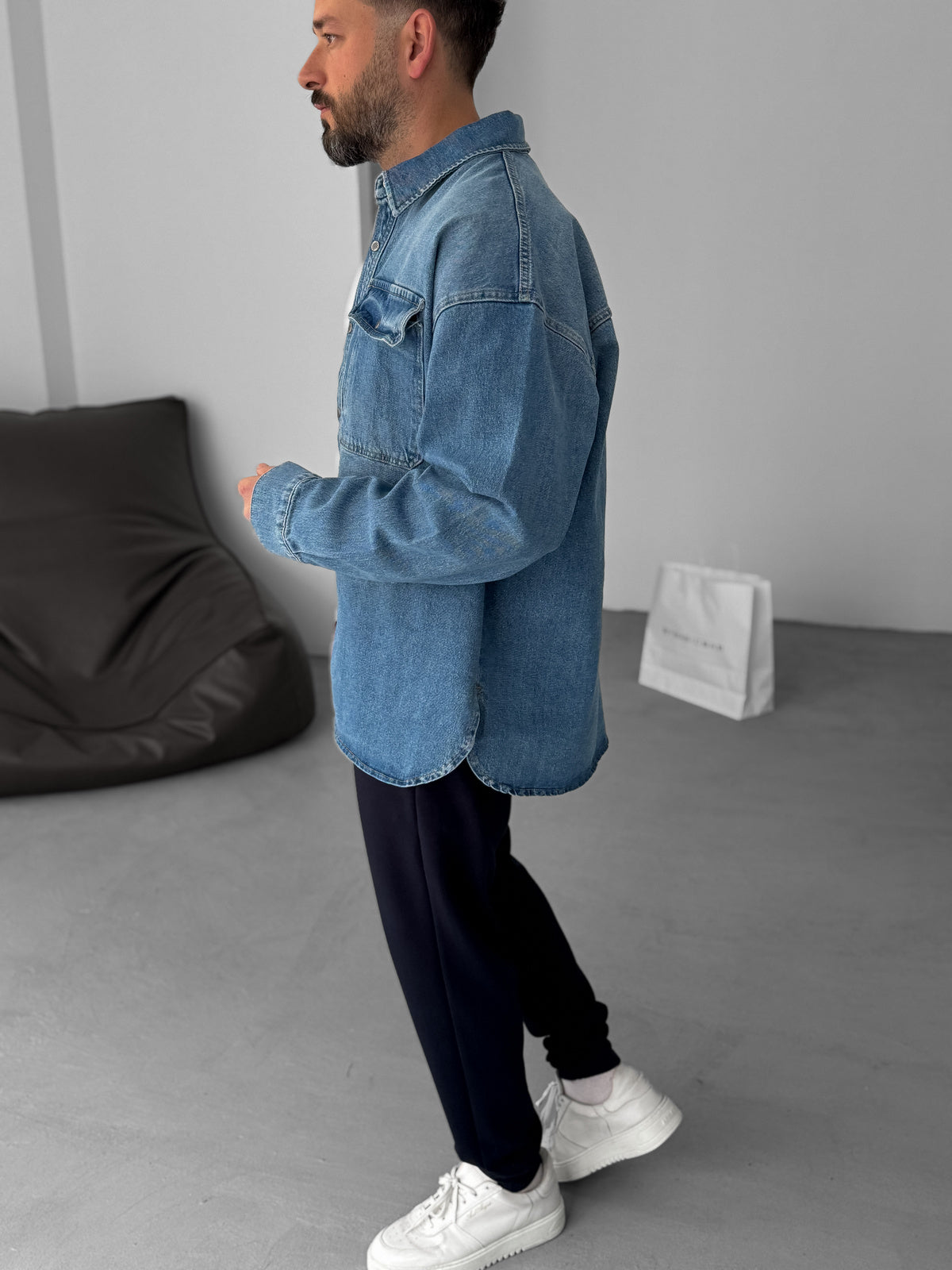 Blue Button Pocket Washed Denim Shirt