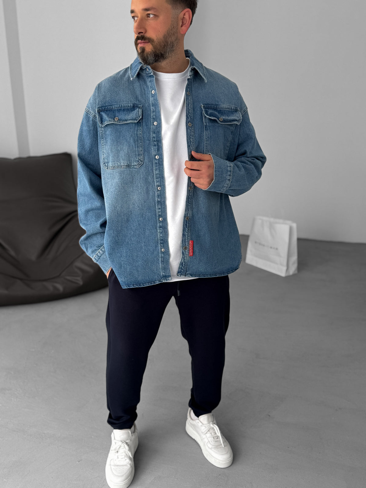 Blue Button Pocket Washed Denim Shirt