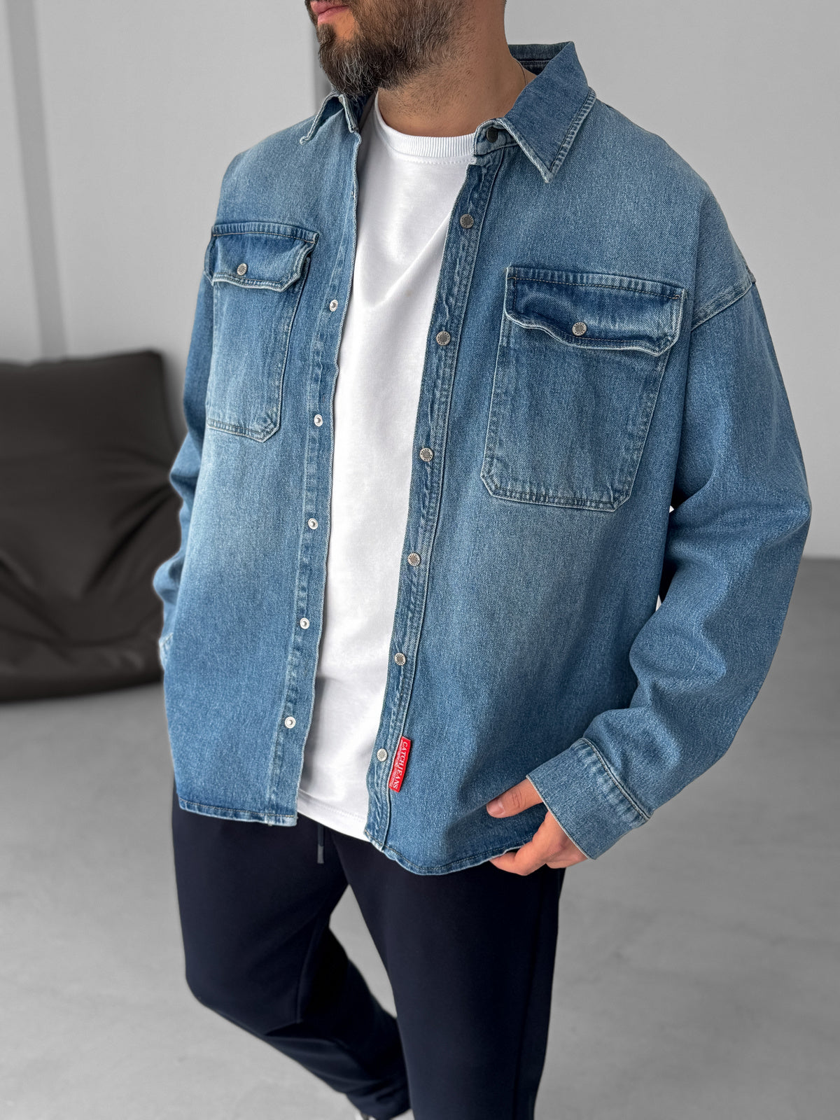 Blue Button Pocket Washed Denim Shirt