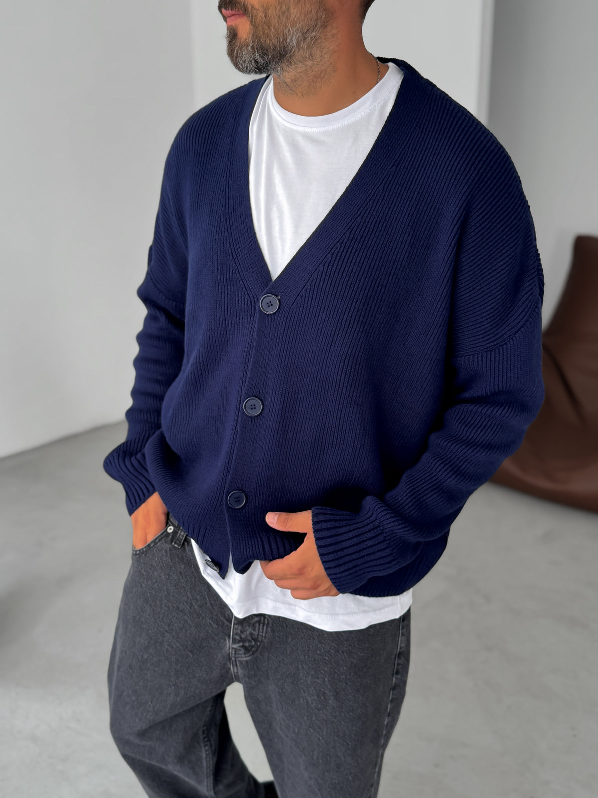 Navy Blue Buttoned Oversize Knitted Cardigan