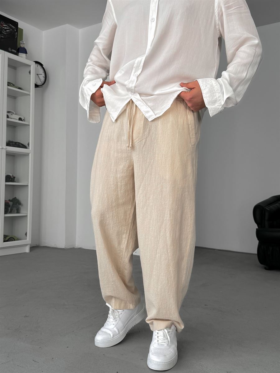Beige Linen Textured Baggy Pants