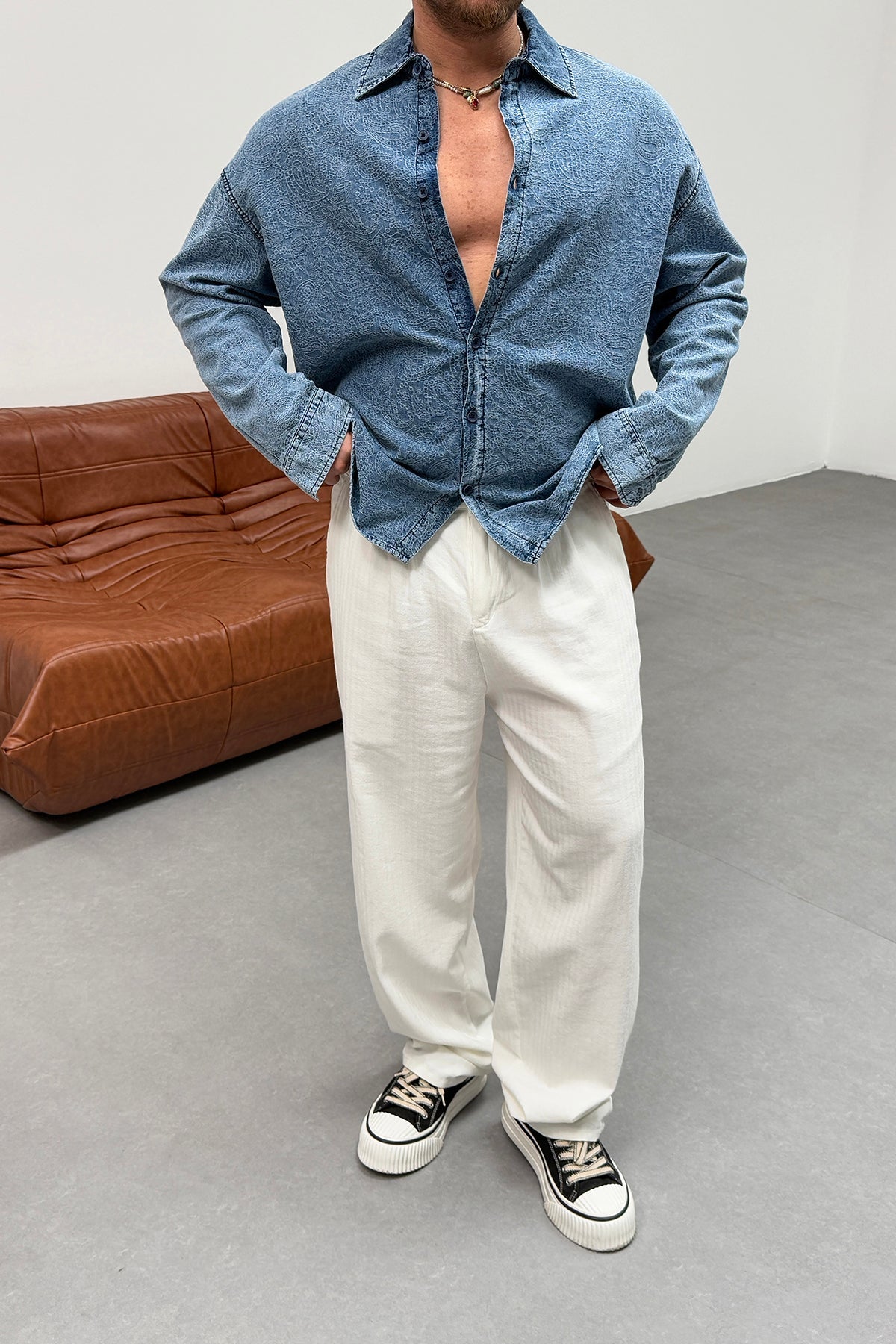 OVERSIZED DENIM FABRIC PATTERNED SHIRT • BLUE