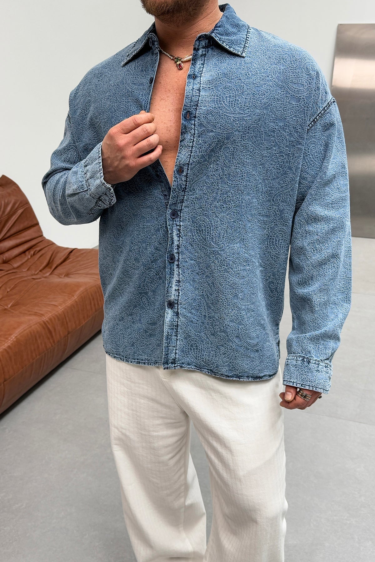 OVERSIZED DENIM FABRIC PATTERNED SHIRT • BLUE