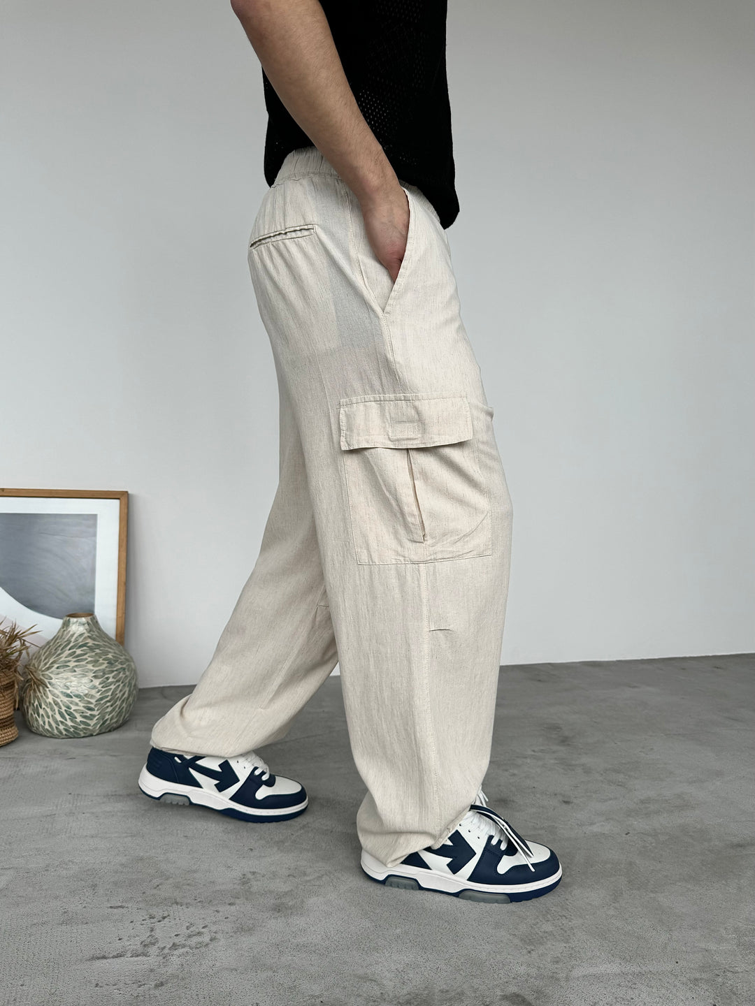 LOOSE FIT LINEN CARGO TROUSERS | CREAM