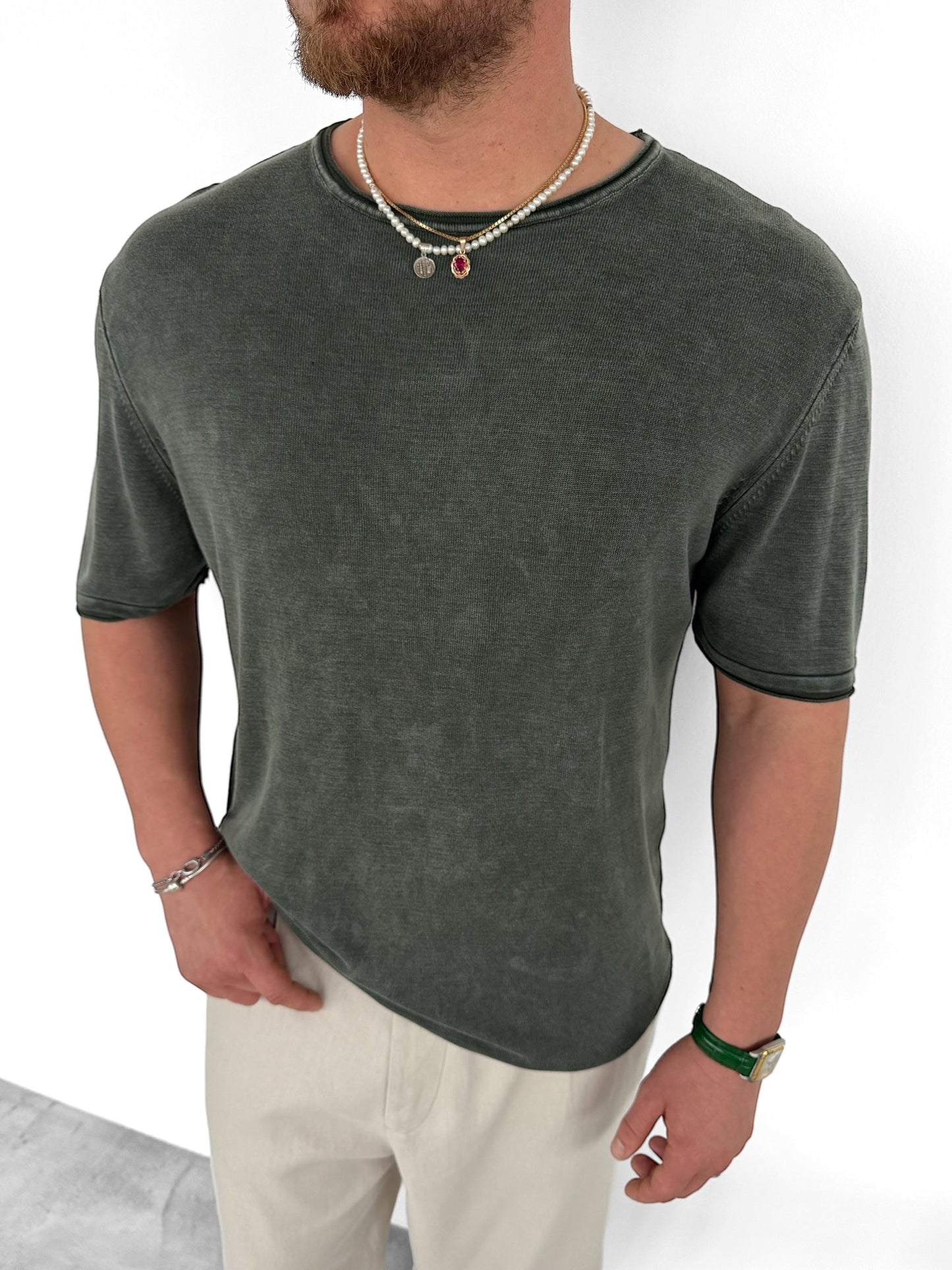 OVERSIZED WASHED KNIT T-SHIRT • KHAKI