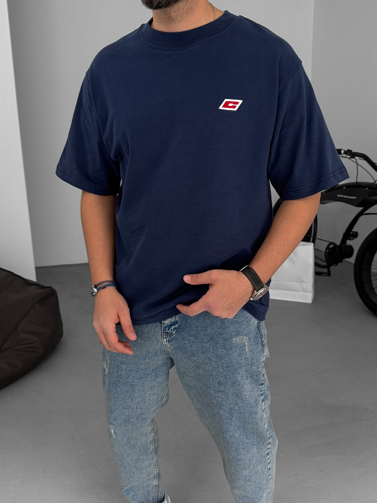 Navy Blue C Embroidered Oversize T-Shirt