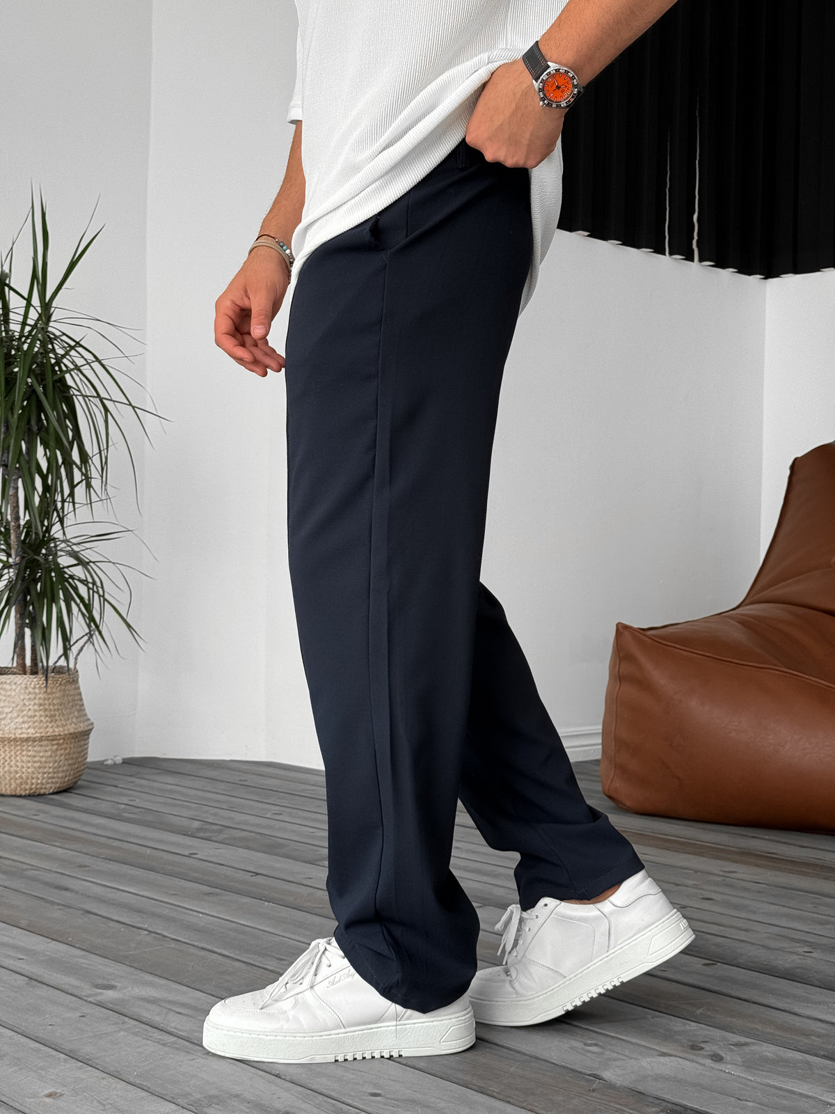 WOVEN FABRIC STITCH DETAILED TROUSERS • NAVY BLUE