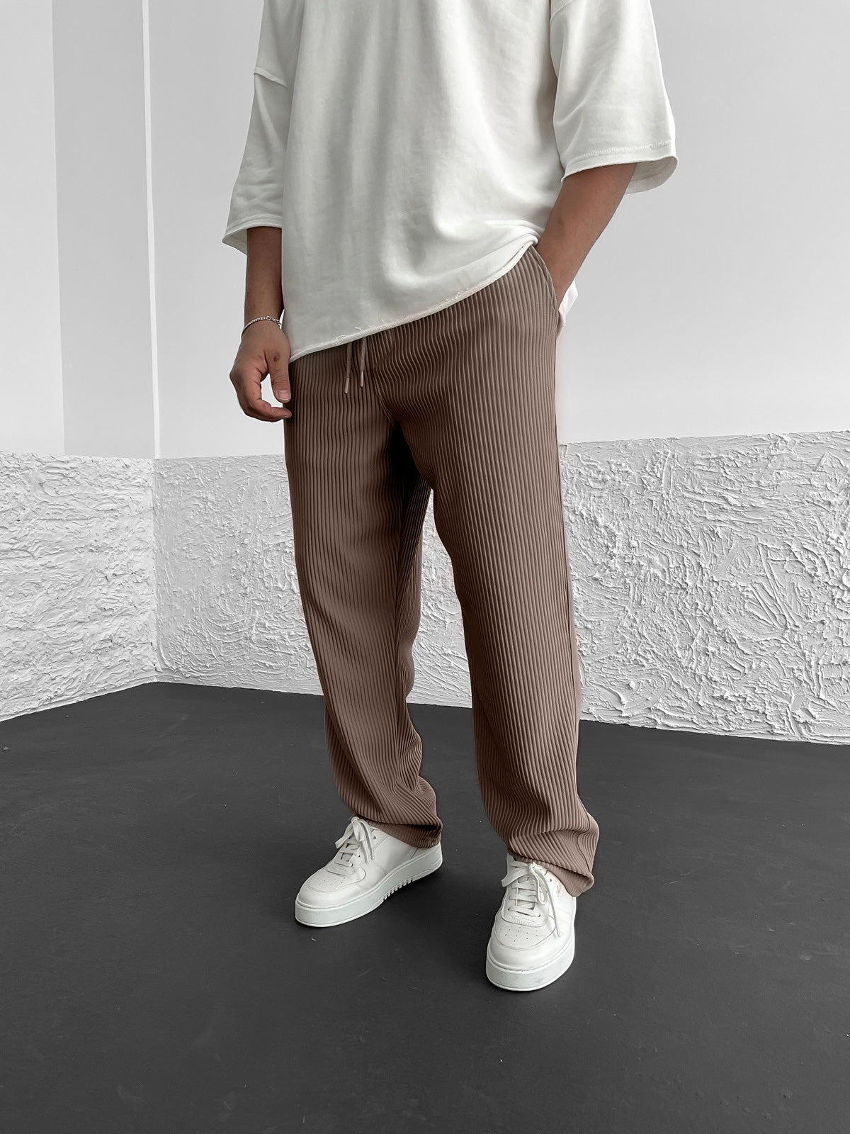 Brown Ribbed Tube Leg Trousers