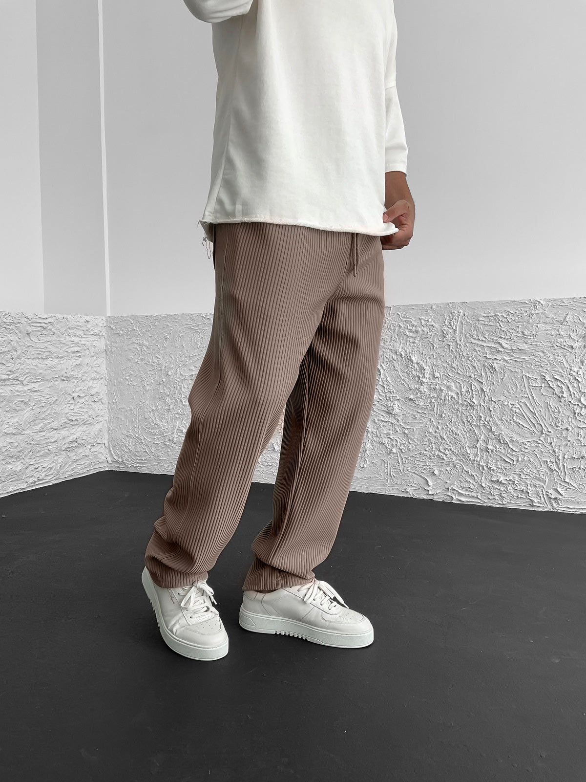 Brown Ribbed Tube Leg Trousers