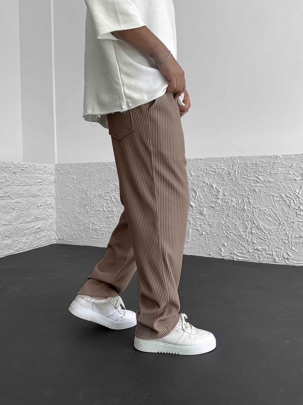 Brown Ribbed Tube Leg Trousers