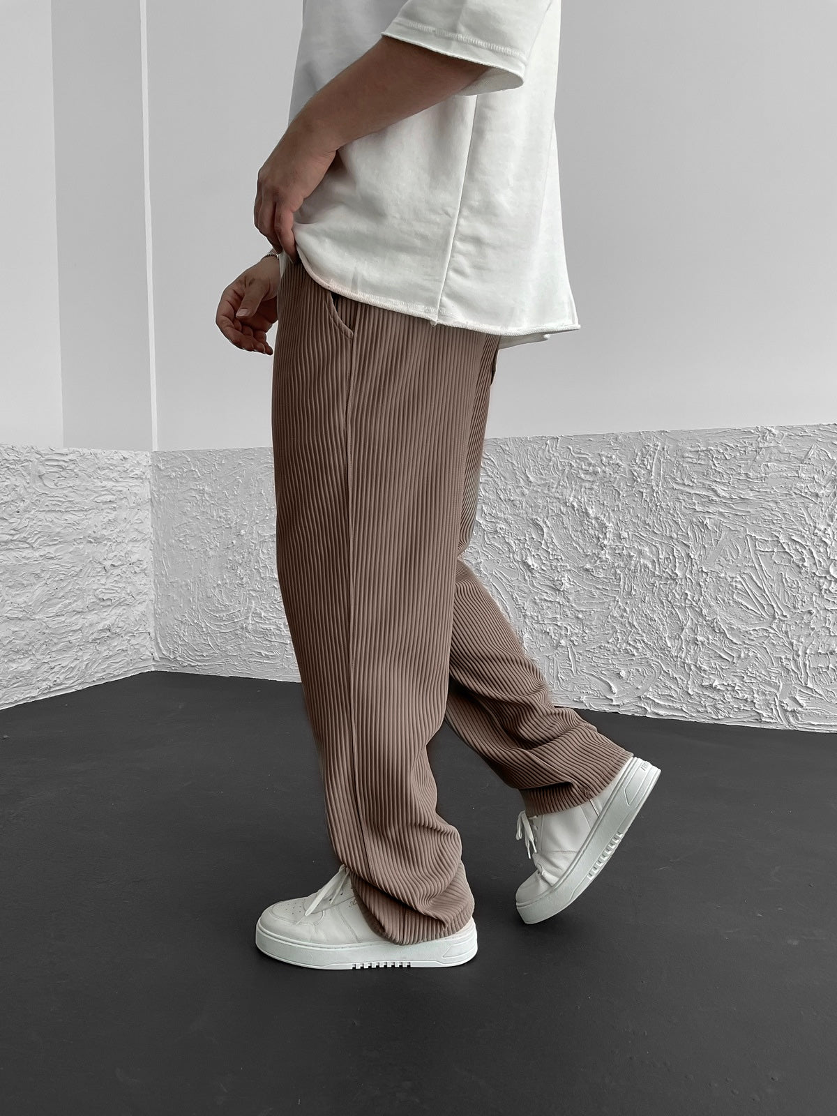 Brown Ribbed Tube Leg Trousers