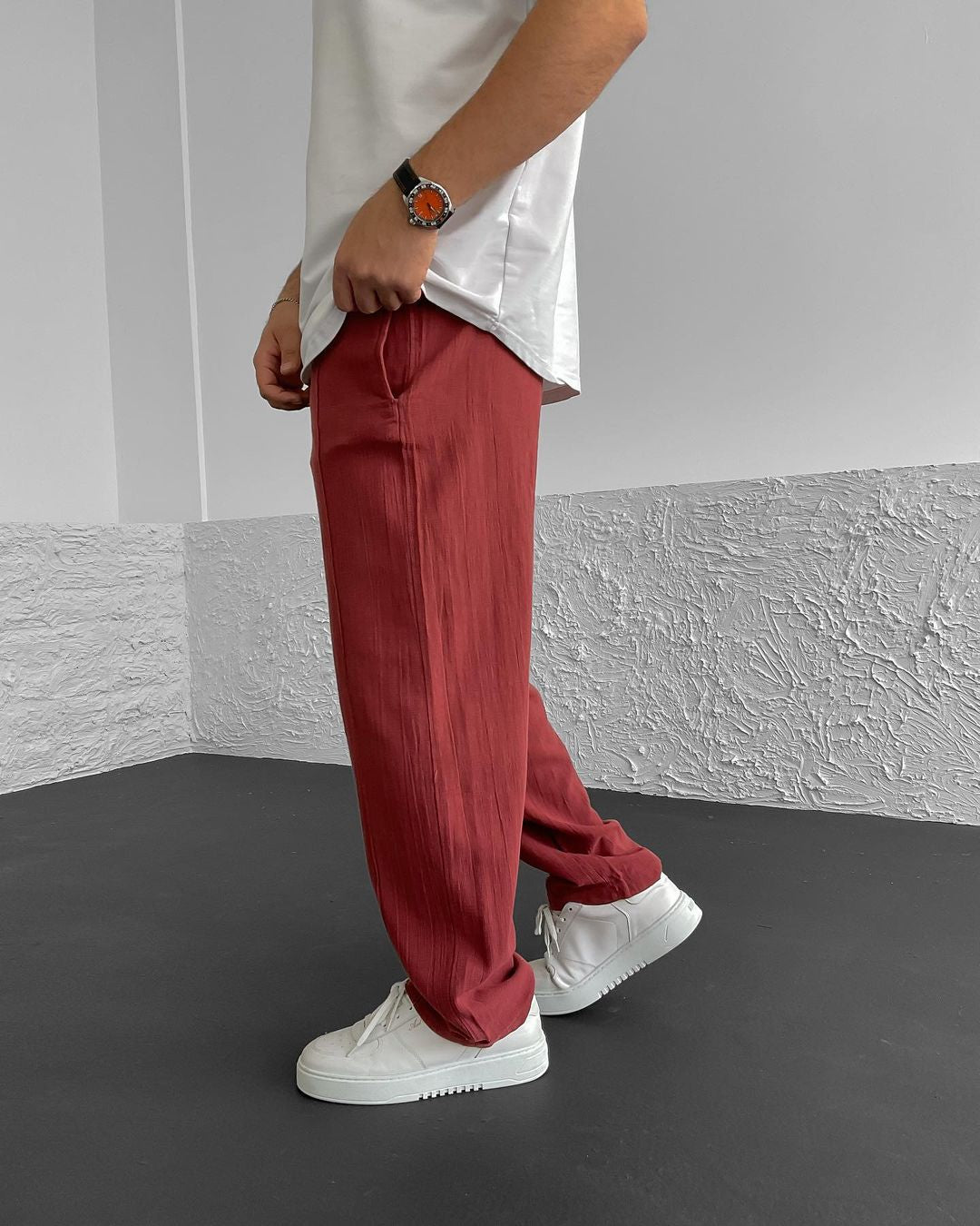 Red Seam Detailed Linen Trousers