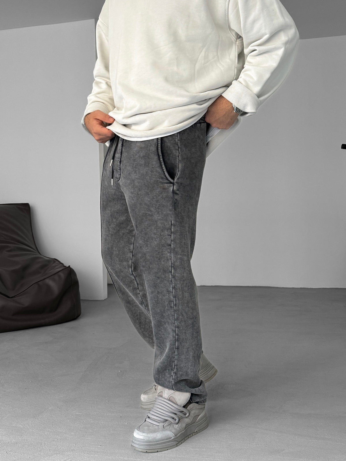 Black Washed Stitched Basic Tracksuit