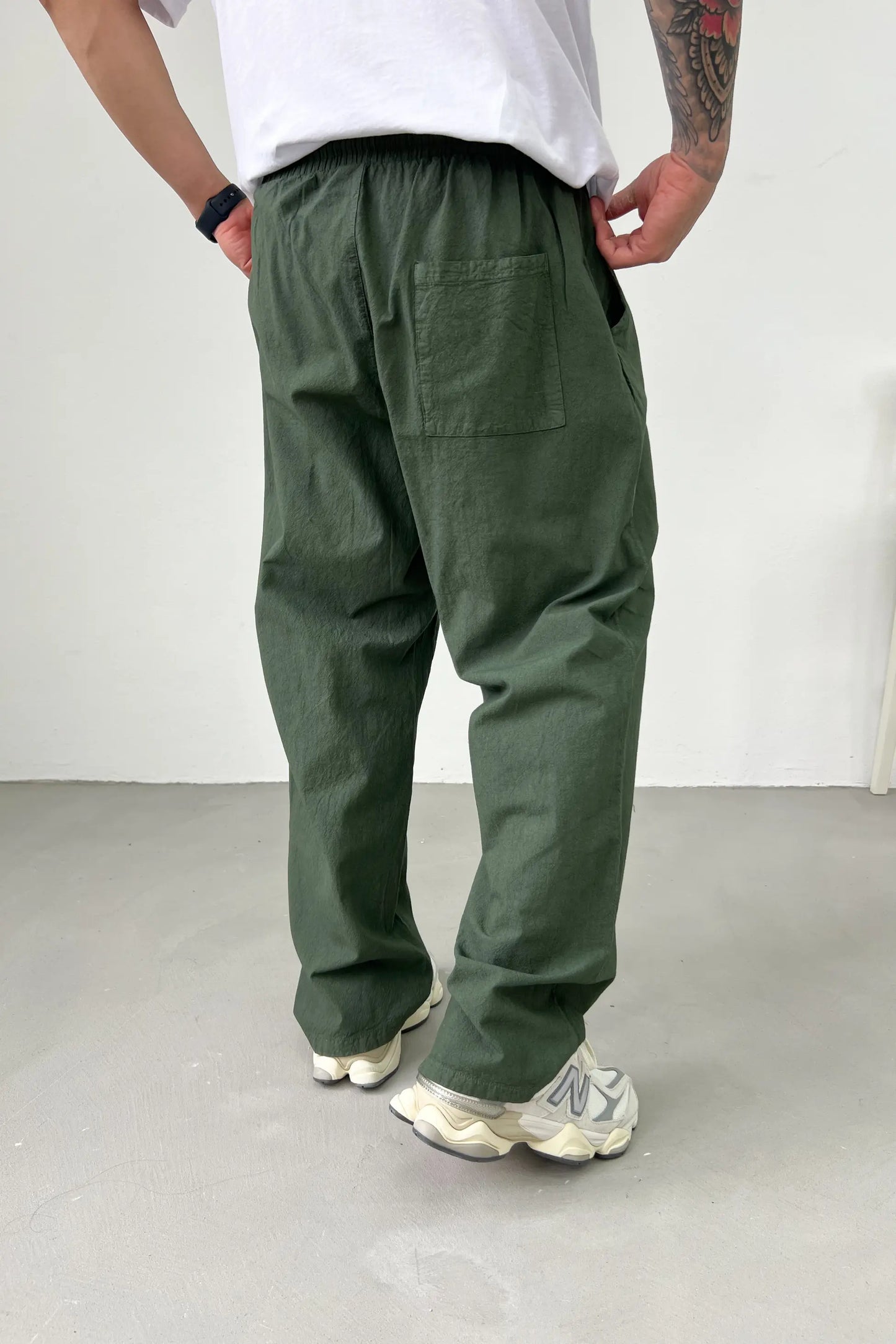 Elastic Waist Khaki Linen Baggy Trousers