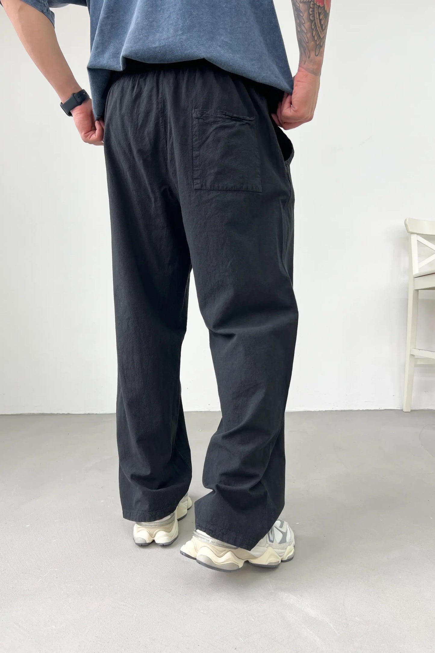 Elastic Waist Black Linen Baggy Trousers