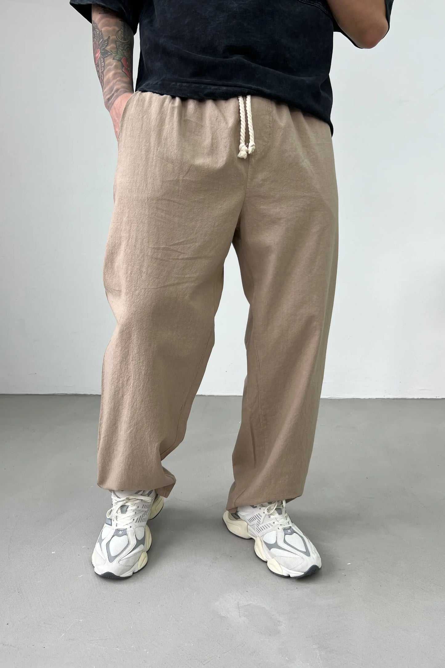 Elastic Waist Beige Linen Baggy Trousers