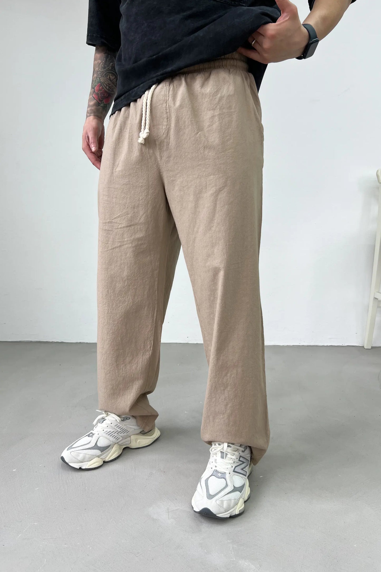 Elastic Waist Beige Linen Baggy Trousers